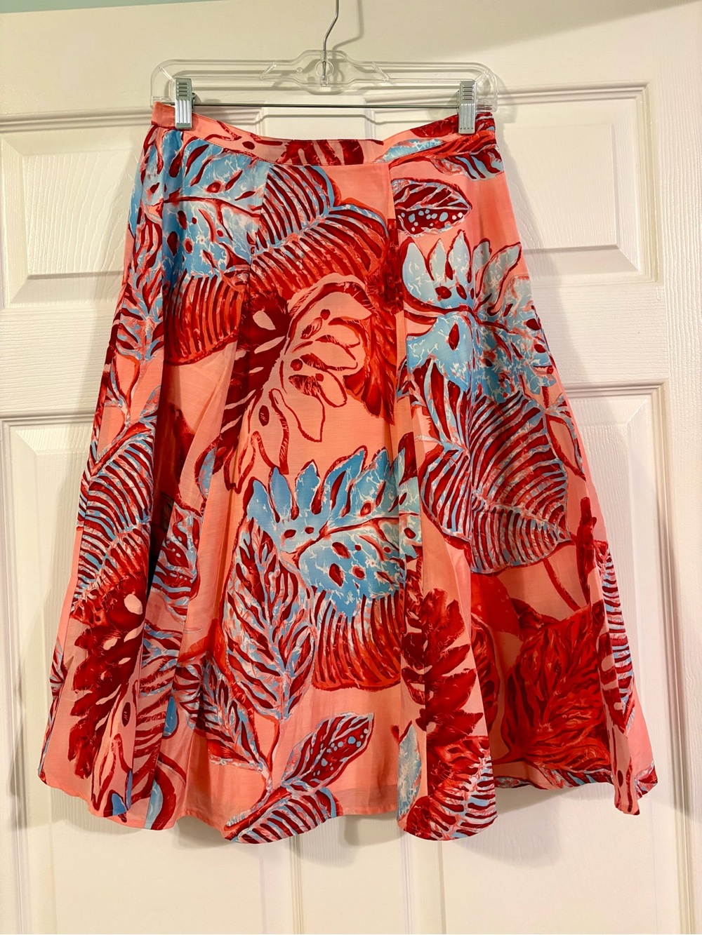 Vintage Talbots coral/blue tropical Floral a-line Midi Skirt 8 petite side zip